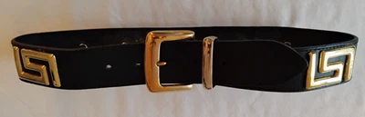 Vtg 90s Express Women's Black Leather Gold Greek Key Statement Belt XS/S - Image 1 of 4
