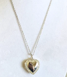 Vintage Avon 80s Silver Toned Heart Locket Necklace Rhinestones - Picture 1 of 6