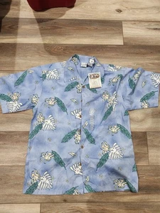 OP Sport Hawaiian Shirt Mens Medium Blue Floral Beach Traditions Camp Button Up - Picture 1 of 5