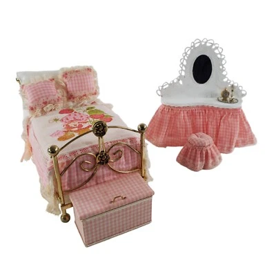 Dollhouse Miniature Bed Brass Look, Pink Bedding, Vanity, Hope Chest, Stool - Image 1 of 4