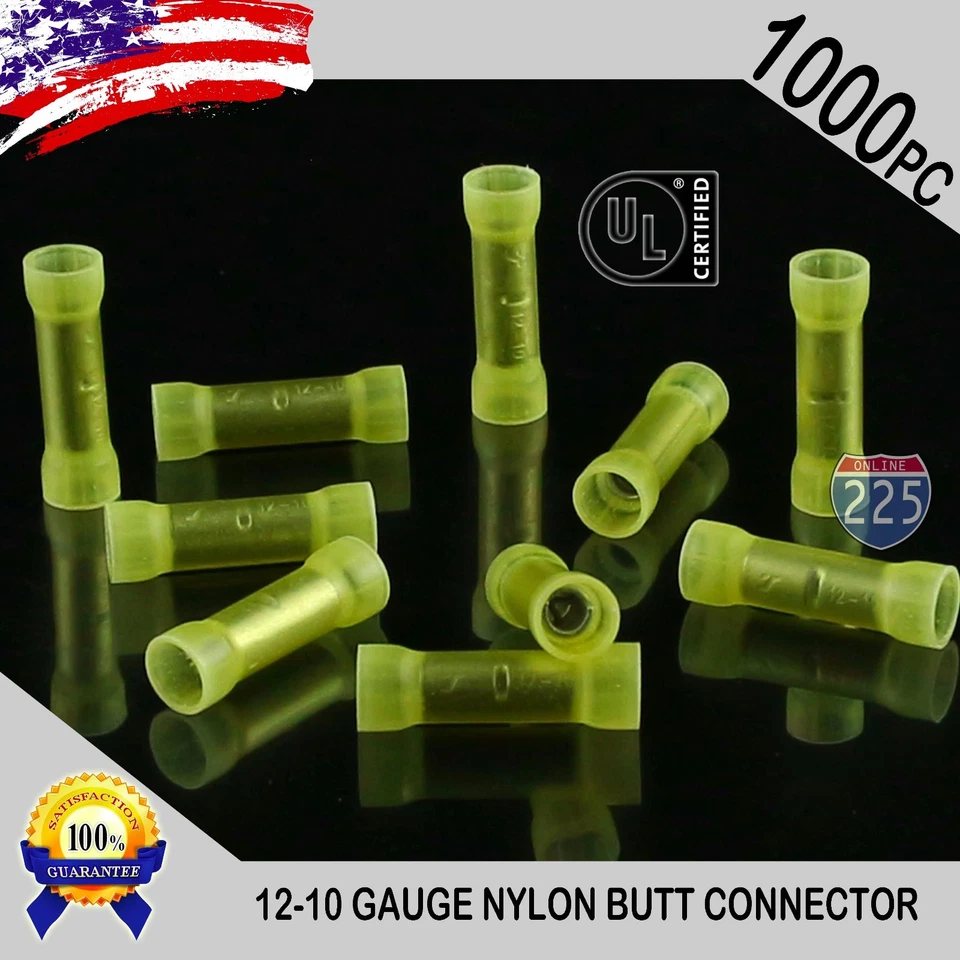 1000 Pack 12-10 Gauge Wire Butt Connectors Yellow Nylon 12-10 AWG Crimp Terminal - Image 1 of 1