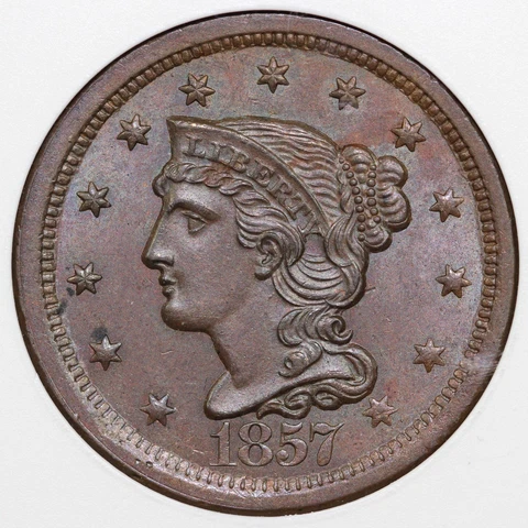 1857 1c N-1 Braided Hair Large Cent ANACS MS 64 BN Cover