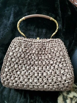 Morris Moskowitz Vintage MM Crochet Straw Purse  Brown Gold metal handle hinge — 第 1/4 张图片