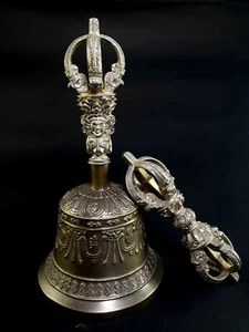 Silver Plated Bronze Bell And Dorje Vajra Pestle Antique Buddhist Tibetan Décor - Picture 1 of 8