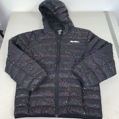 Chaqueta acolchada negra Eddie Bauer de plumón de pato para niñas talla 14 L ¡brilla bonita! Capucha Foto 1 de 4
