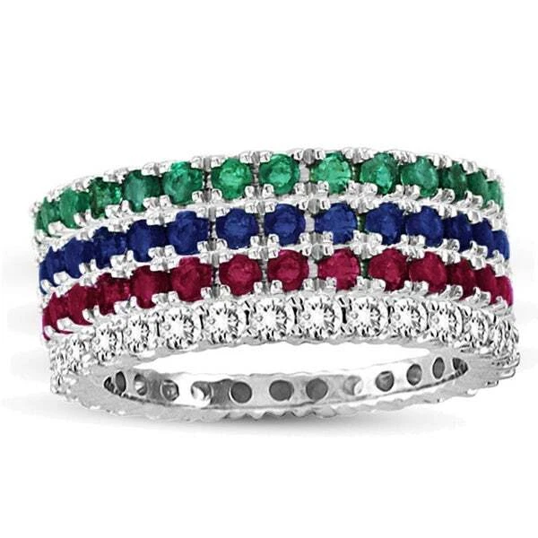 Suzy Levian 14K White Gold Ruby Emerald Diamond Sapphire Eternity Band Ring Set - Image 1 of 1