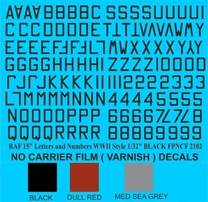 RAF 15" LETTERS NUMBERS  waterslide transfers decals FPNCF-2102 BLACK 1/32 SCALE - Picture 1 of 3
