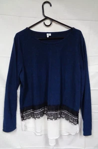 Women's ELLE Long Sleeve Blue & White Pullover Shirt - Black Lace Fringe ~ XXL - Picture 1 of 8