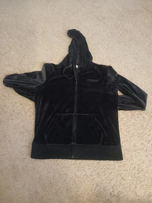 Victoria Secret 粉色丝绒拉链连帽衫标志黑色夹克 Y2K XS 小袋口袋  — 第 1/4 张图片