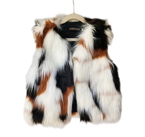 Lanshifei Girls Faux Fur Vest Multicolor Fuzzy Patchwork Outerwear Sz 7–9 Years  - Picture 1 of 18