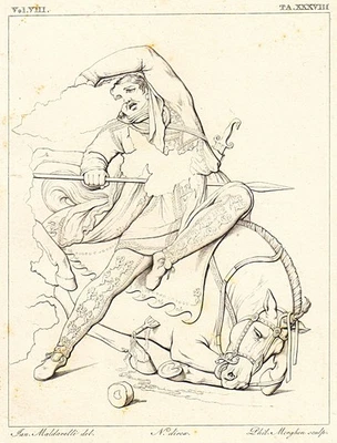 Antica stampa 1800 (1832) mosaico di Pompei, casa del fauno, cavaliere a cavallo - Immagine 1 di 2