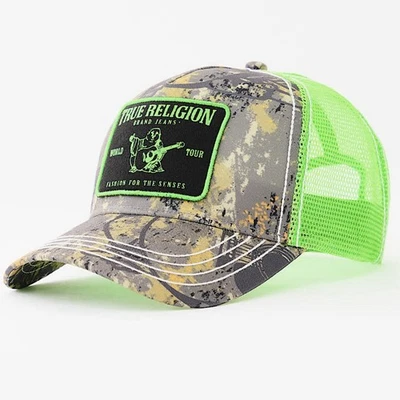 Sombrero de camionero True Religion Buddha parche malla verde neón cierre a presión  Foto 1 de 4