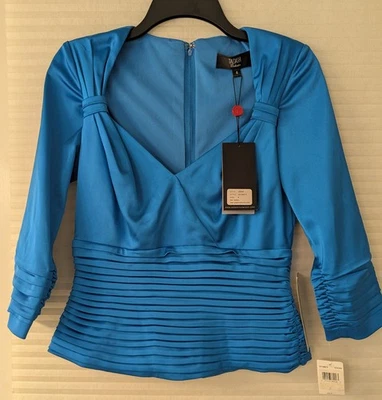 Blusa formal para mujer Tadashi azul océano acanalada talla 4 nueva con etiquetas 100 % poliéster Foto 1 de 4