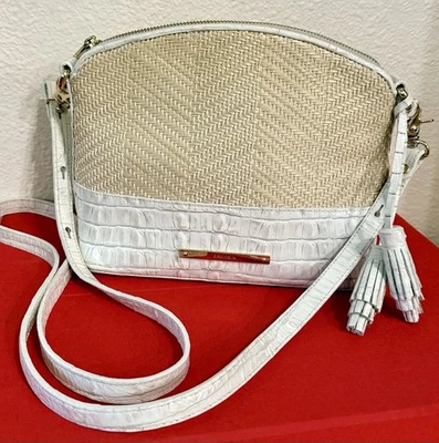 Brahmin White Croc embossed Leather and straw weave  Shoulder Bag Purse, tassel - Image 1 of 4