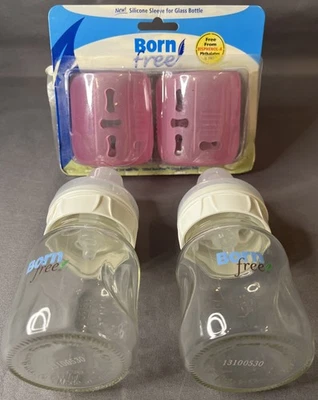 2 Born Free Wide Neck Glass Baby Bottles  5 Oz w/Silicone Sleeves - Image 1 of 4