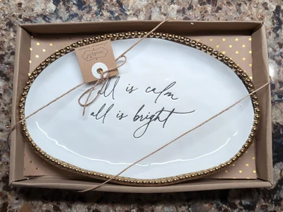 NUEVO Bandeja de gres Mud Pie Plato de sentimiento "Todo está tranquilo" borde dorado 2024 Foto 1 de 4