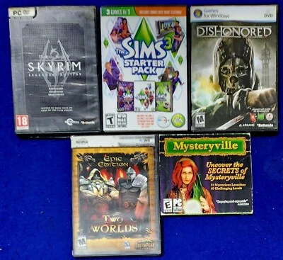 Lot of 5 PC Games Skyrim, Sims 3, Dishonored, Two Worlds, Mysteryville - Image 1 of 2