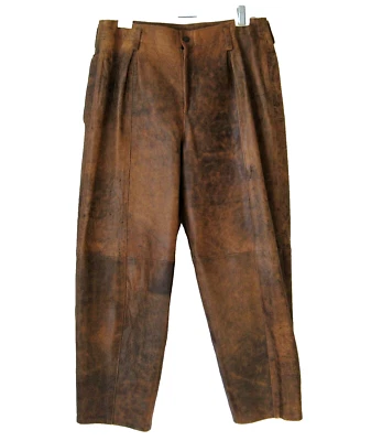 Calça feminina de couro marrom Forenza anos 90 vintage 14 plissadas bombardeiro desgastadas cintura alta - Imagem 1 de 4