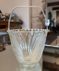 Vintage Clear/Frosted Glass Ice Bucket Metal Swing Handle 5.5" Tall 6" Diameter