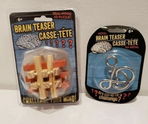 Brain Teaser Set Mind Challenging Real Wood 3D Puzzle & Metal Brain Teaser  - Picture 1 of 3