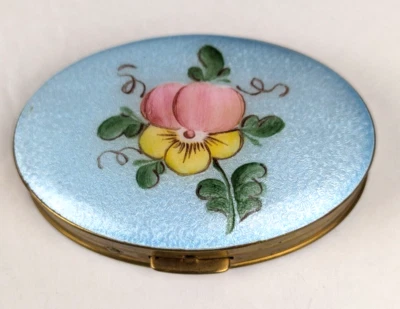 Grande 3.5" Vintage Pintado a Mano Pensamiento Azul Guilloche Esmalte Compacto Muy Bueno Foto 1 de 4