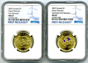 2022 $1 CANADA NGC MS67 OSCAR PETERSON LOON LOONIE DOLLAR MATCHED 2-COIN SET - Picture 1 of 2