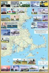 Massachusetts & Rhode Island Leuchttürme illustrierte Karte Poster 24x36. Laminiert - Bild 1 von 3