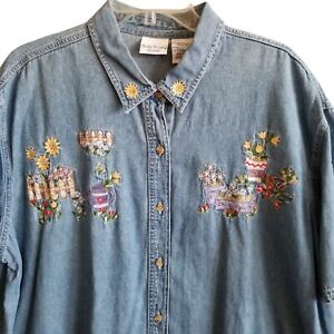 Vintage Bobbie Brooks Woman Denim Embroidered Floral Shirt 22/24 W Button Up 90s