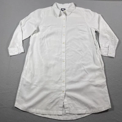 Vestido Camisa Lands' End Feminino 1X Mistura de Linho Branco Manga Longa Botão Frontal - Imagem 1 de 4