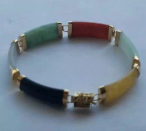 Vintage Asian Bracelet Chinese 14k Yellow Gold Multi Color Jade - Picture 1 of 1
