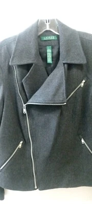 Chaqueta de Moto Lauren Ralph Lauren Mezcla de Lana Asimétrica Gris Talla L Mujer Preppy Foto 1 de 4