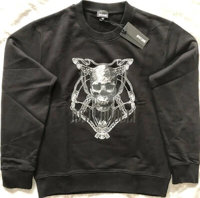 JUST CAVALLI - Sudadera de diseñador 100 % algodón con estampado de calavera negra para hombre - L Nueva con etiquetas Foto 1 de 4