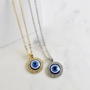 Greek Turkish Evil Eye Gold Silver Blue Diamante Pendant Chain Lucky Necklace - Foto 1 di 5