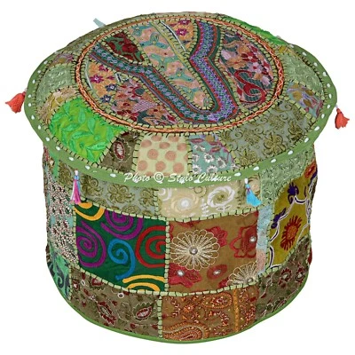 Indian Patchwork Cotton Green Foot Stool Seating Handcrafted Ottoman Pouf 22 in - Image 1 of 4