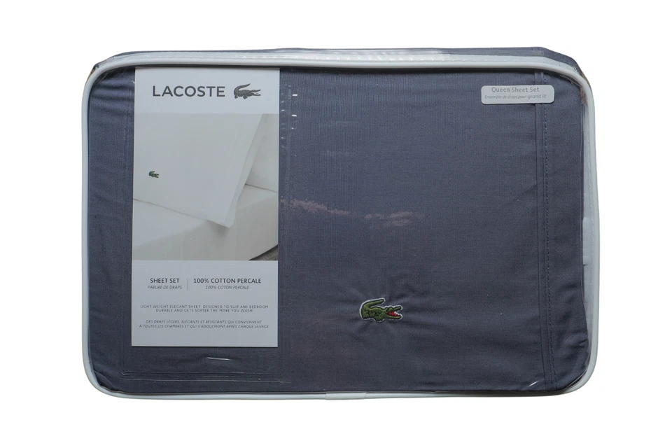 Lacoste 100 Cotton Percale Sheet Set Solid Vintage Indigo Queen