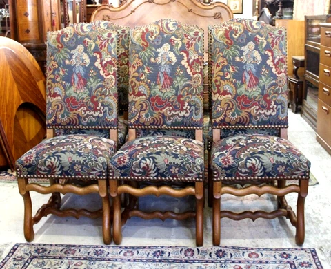 Set of 6 French Antique Louis XIV Walnut Dining Chairs Cover