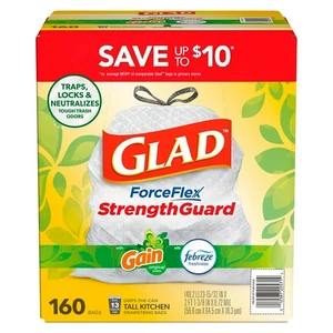Glad ForceFlex 13 sacchetti della spazzatura Gal, guadagno + profumo Febreze, rotolo da 160 pezzi - Foto 1 di 3