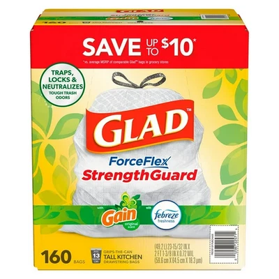 Glad ForceFlex 13 Gal Trash Bags, Gain + Febreze Scent, 160‑Count Roll - Image 1 of 3