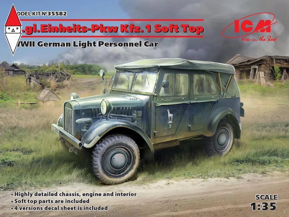 ICM 1/35 LE.GL.EINHEITZ-PKW KFZ.1 SOFT TOP WWII GERMAN LIGHT PERSONNEL CAR - Immagine 1 di 1