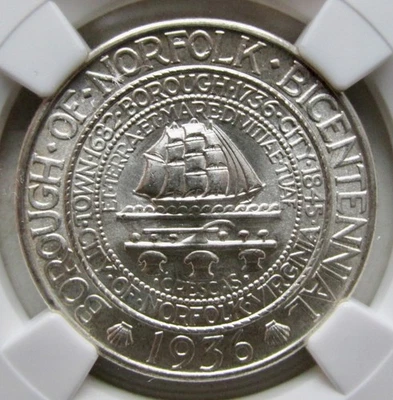 1936 NORFOLK Bicentennial Commemorative Silver Half Dollar 50c ~ NGC MS66 - Image 1 of 4