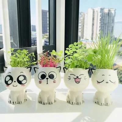 Niedlicher Keramik Mini Blumentopf Katze Cartoon für Schreibtisch Dekoration - Bild 1 von 4