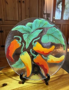 Fireglass 2000 Fused Glass Chili Pepper 8.25” Plate & Cheese Dome W/NEW Knife - Picture 1 of 9