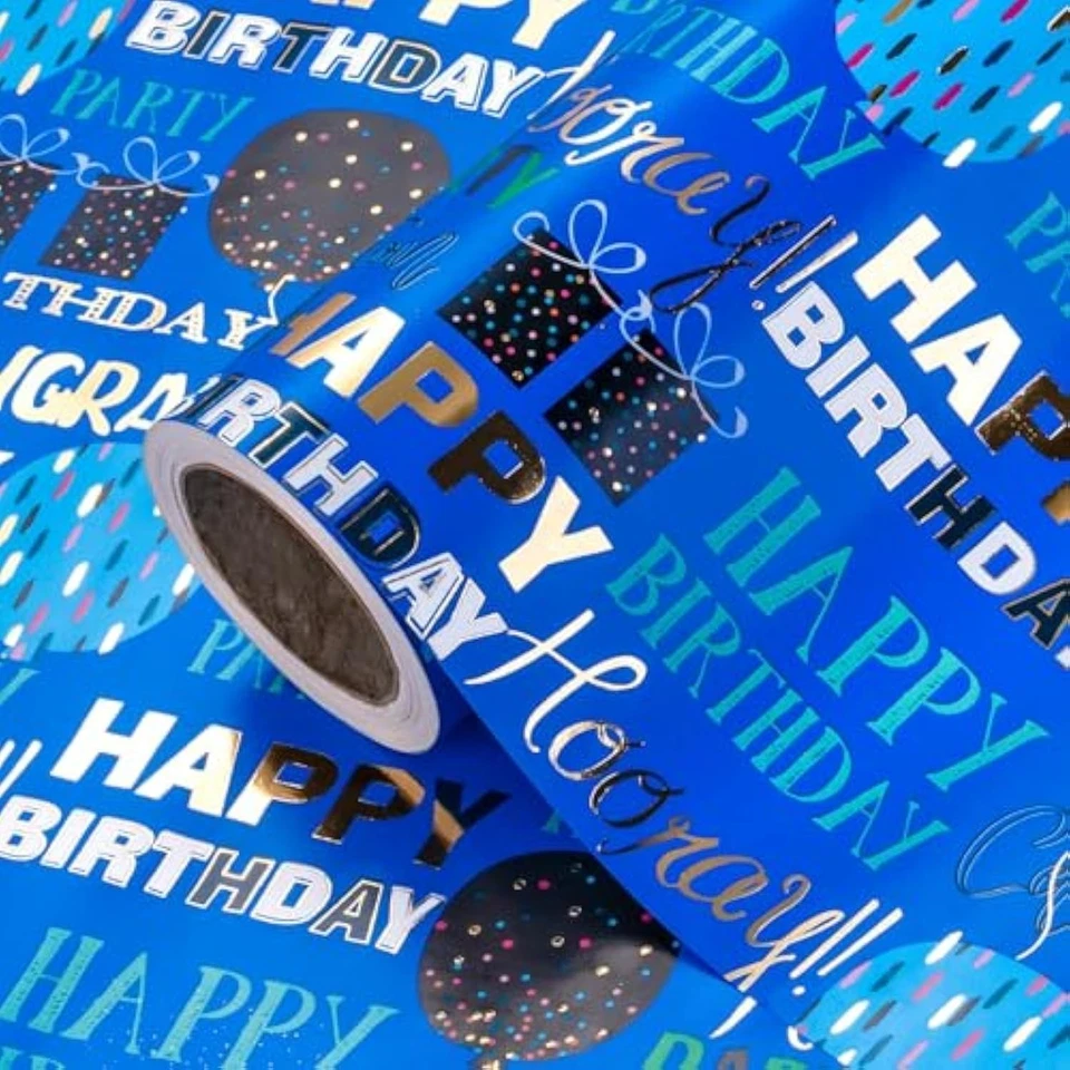 Papel de regalo de cumpleaños - mini rollo - 17 pulgadas x 16,5 pies - oro azul  Foto 1 de 1