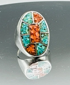 Vintage Indianer Sterling Silber Türkis Koralle Ring Gr. 8,5 - 16,4 gr - Bild 1 von 14