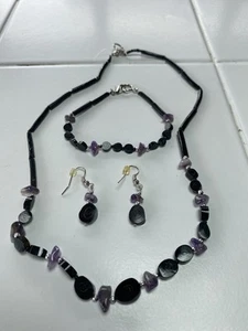 Black Coral Amethyst Jewelry Necklace Bracelet Earrings - Picture 1 of 10