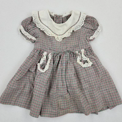 Vintage 50s 60s Plaid Cotton Girls Bib Collar Dress Fluffy Ruffle Texas  - Image 1 of 4