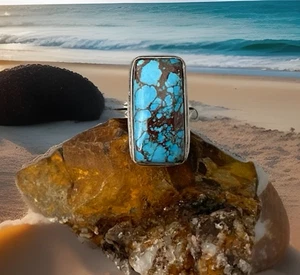 Anillo de piedras preciosas artesanales turquesa talla 8,5 - enchapado en plata 925 - nuevo - Imagen 1 de 5