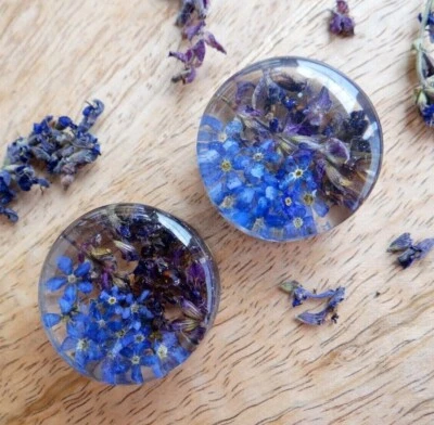 Blue flower plugs Sage and Forget me not resin ear gauges Bridesmaid tunnels 2g - Image 1 of 4