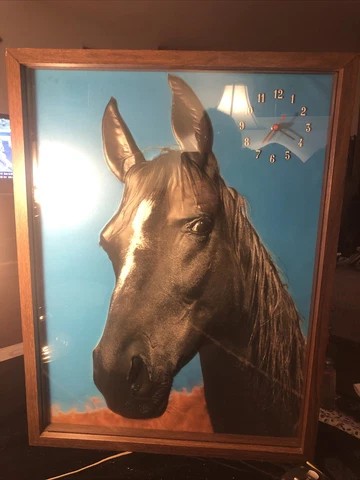 Vintage HORSE CLOCK OLD AND PLASTIC Molded Face Framed 25” X 19” X 3” Glass Cover