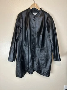 Jessica London 22 Leather Coat Jacket Button Up Long Duster Trench Modern Shiny - Picture 1 of 3